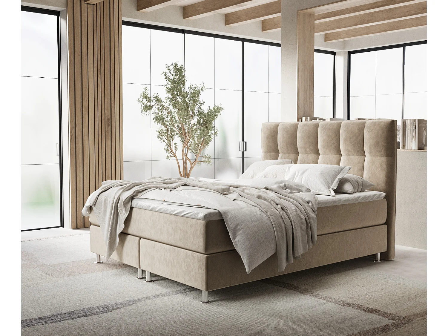 Boxspringbett aus Samtstoff Elisio - Matratze - Toppermatratze - 160x200 cm - beige