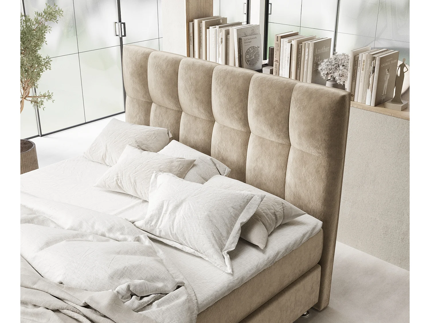 Boxspringbett aus Samtstoff Elisio - Matratze - Toppermatratze - 160x200 cm - beige