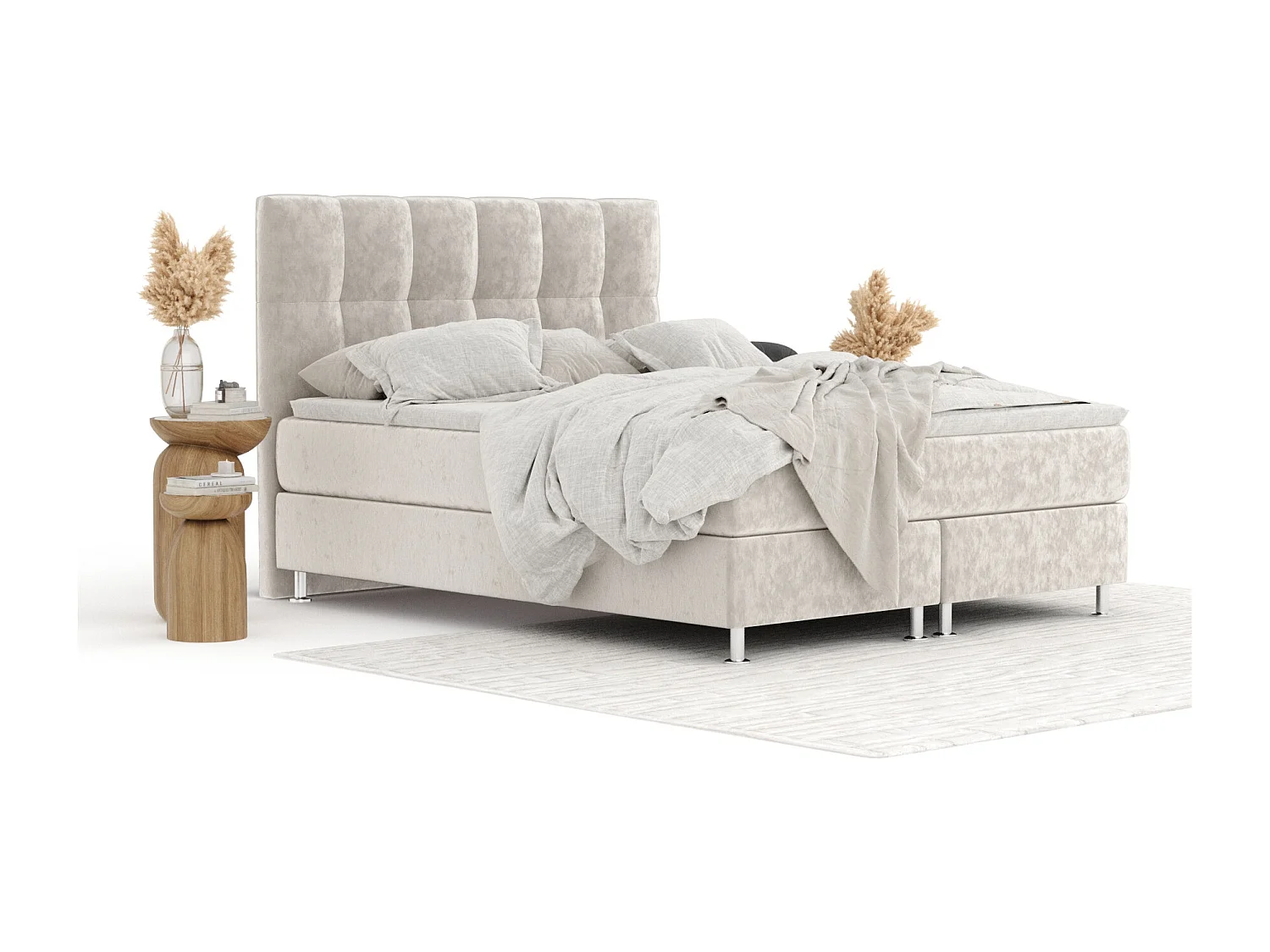 Boxspringbett aus Samtstoff Elisio - Matratze - Toppermatratze - 140x200 cm - hellbeige