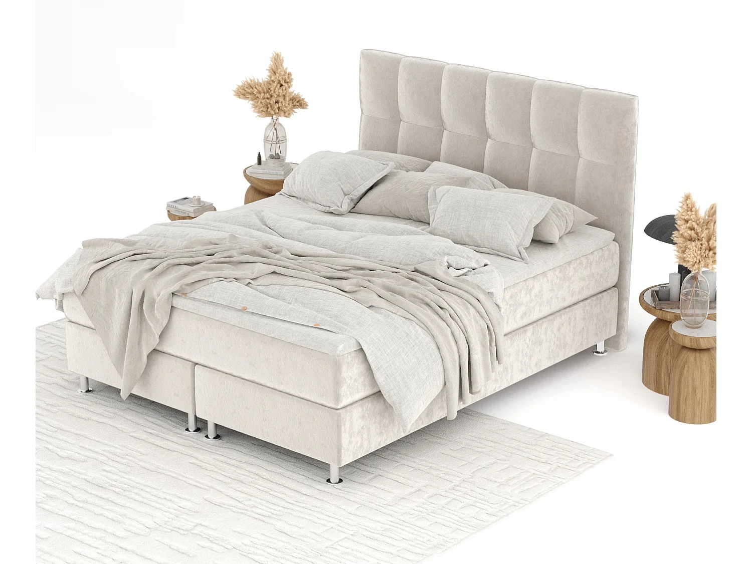 Boxspringbett aus Samtstoff Elisio - Matratze - Toppermatratze - 140x200 cm - hellbeige