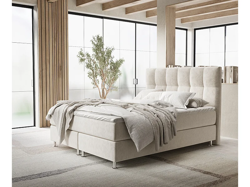 Boxspringbett aus Samtstoff Elisio - Matratze - Toppermatratze - 140x200 cm - hellbeige