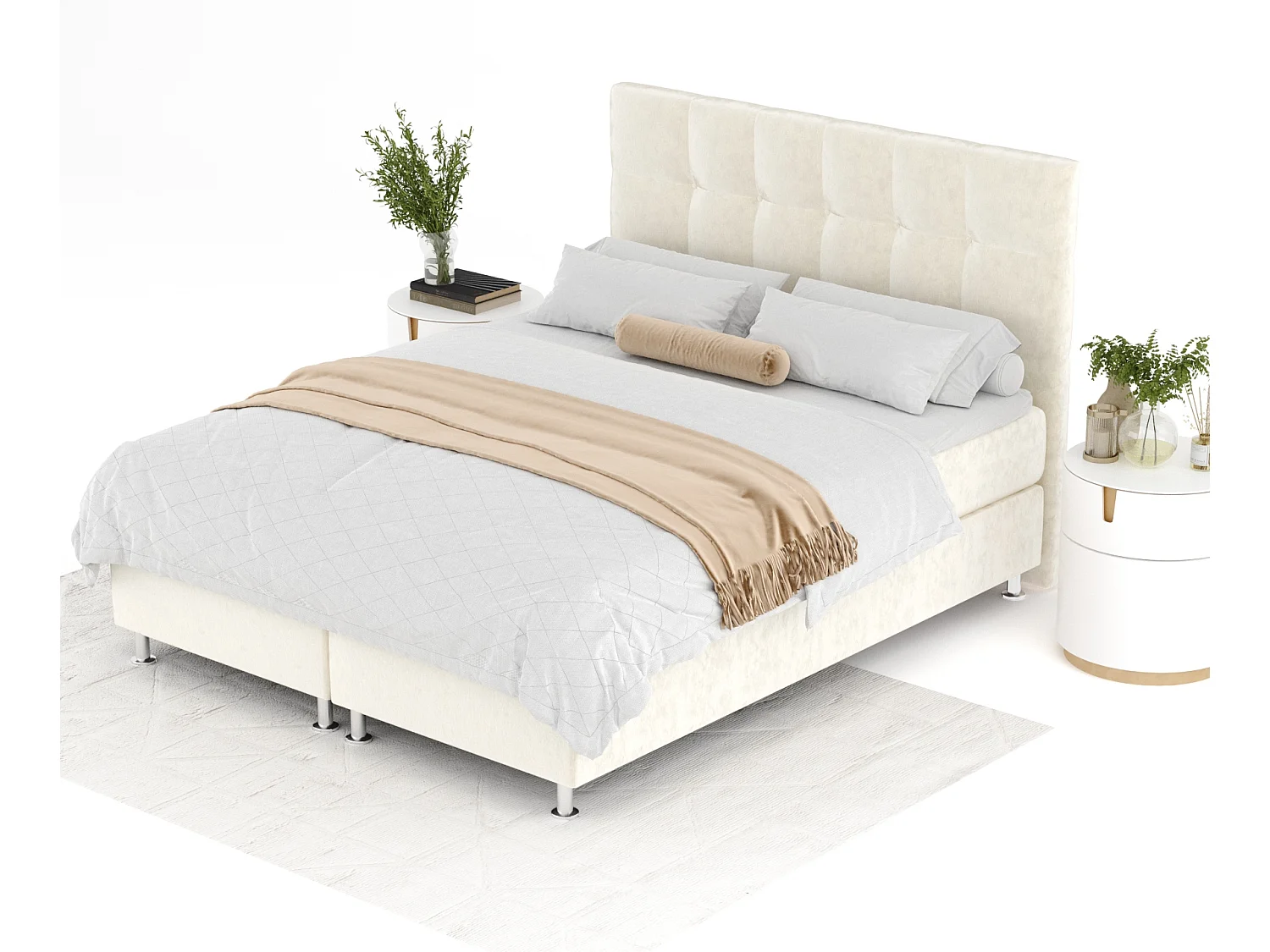 Boxspringbett aus Samtstoff Chanton - Matratze - Toppermatratze - 140x200 cm - creme