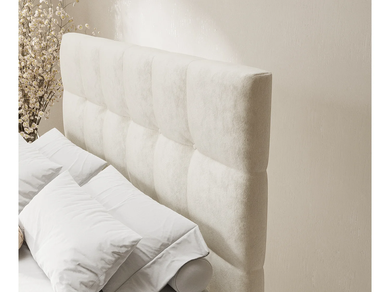 Boxspringbett aus Samtstoff Chanton - Matratze - Toppermatratze - 140x200 cm - creme