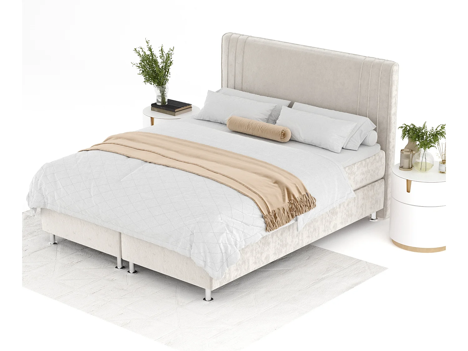 Boxspringbett aus Samtstoff Casone - Matratze - Topper - 140x200 cm - hellbeige