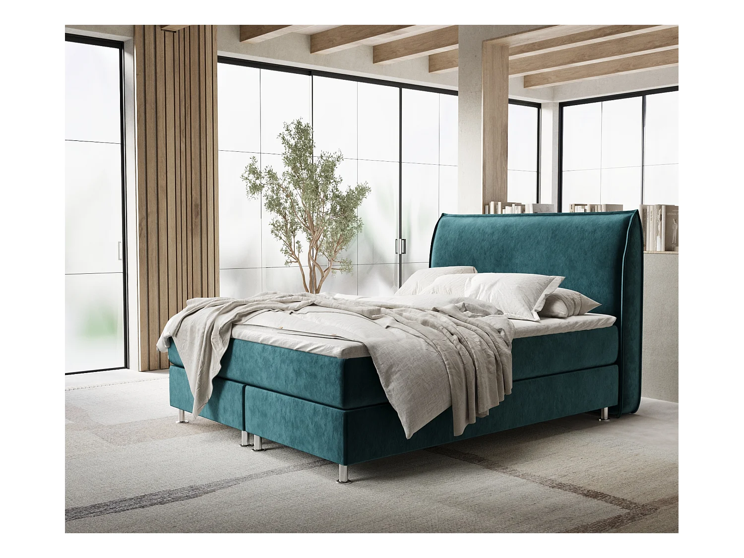Lit boxspring en tissu velours Chermin - matelas - surmatelas - 200x200 cm - turquoise