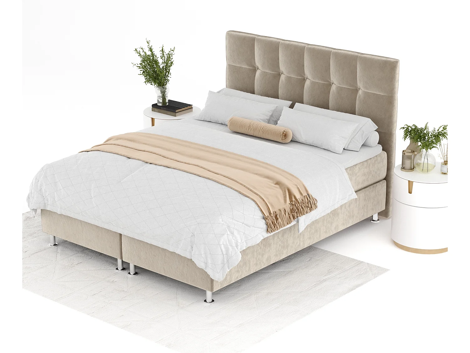 Boxspringbett aus Samtstoff Chanton - Matratze - Toppermatratze - 200x200 cm - beige