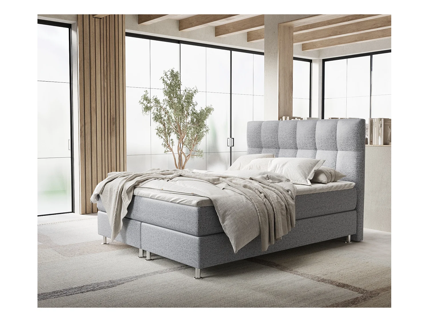Lit boxspring en toile tissée Elisio - matelas - surmatelas - 200x200 cm - gris