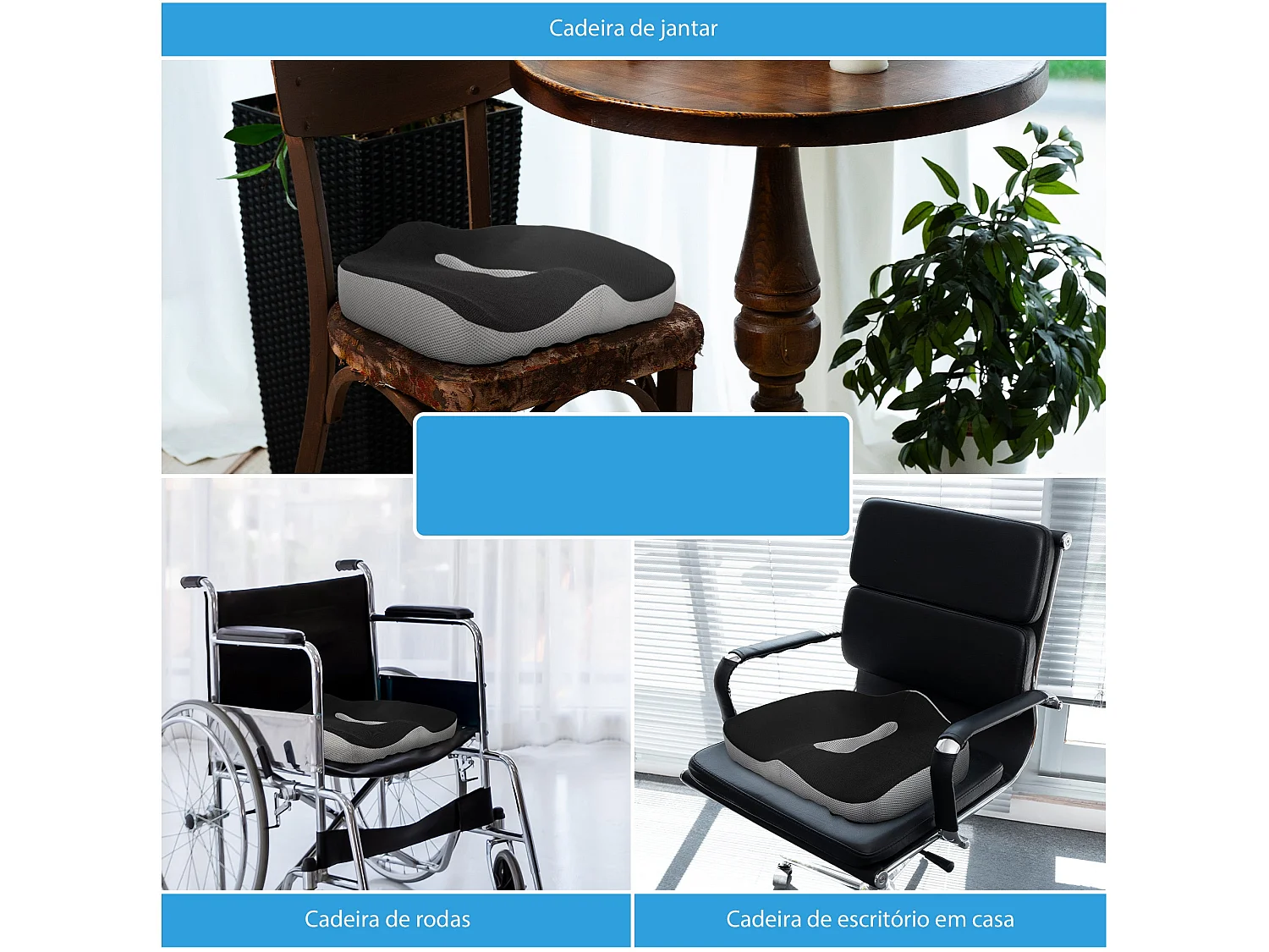 Almofada de Assento HOMCOM em Espuma de Viscoelástica com Base Antiderrapante - 44x39x13 cm em Preto