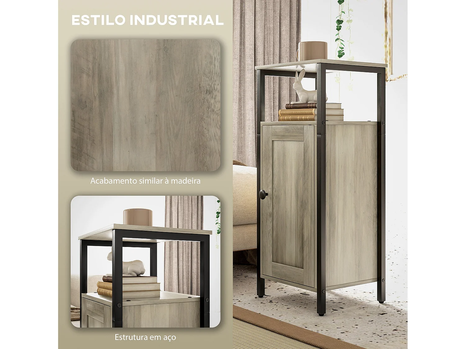 Conjunto de Mesas Auxiliares HOMCOM: Estilo Industrial com Porta Magnética e Prateleira Ajustável