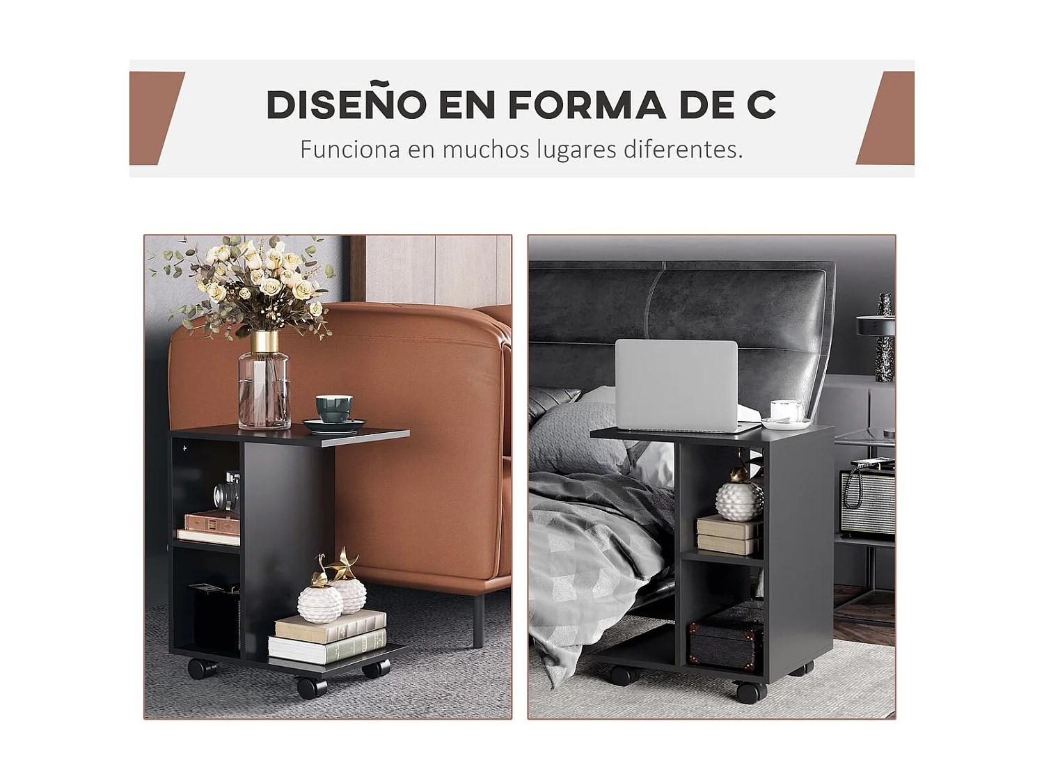 Mesa auxiliar Margarita Homcom 3 niveles con ruedas negro 58x45x35 cm