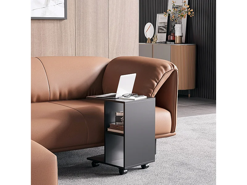Mesa Auxiliar Moderna HOMCOM em Forma de C com Rodas e Prateleiras - Ideal para Sala de Estar e Dormitório