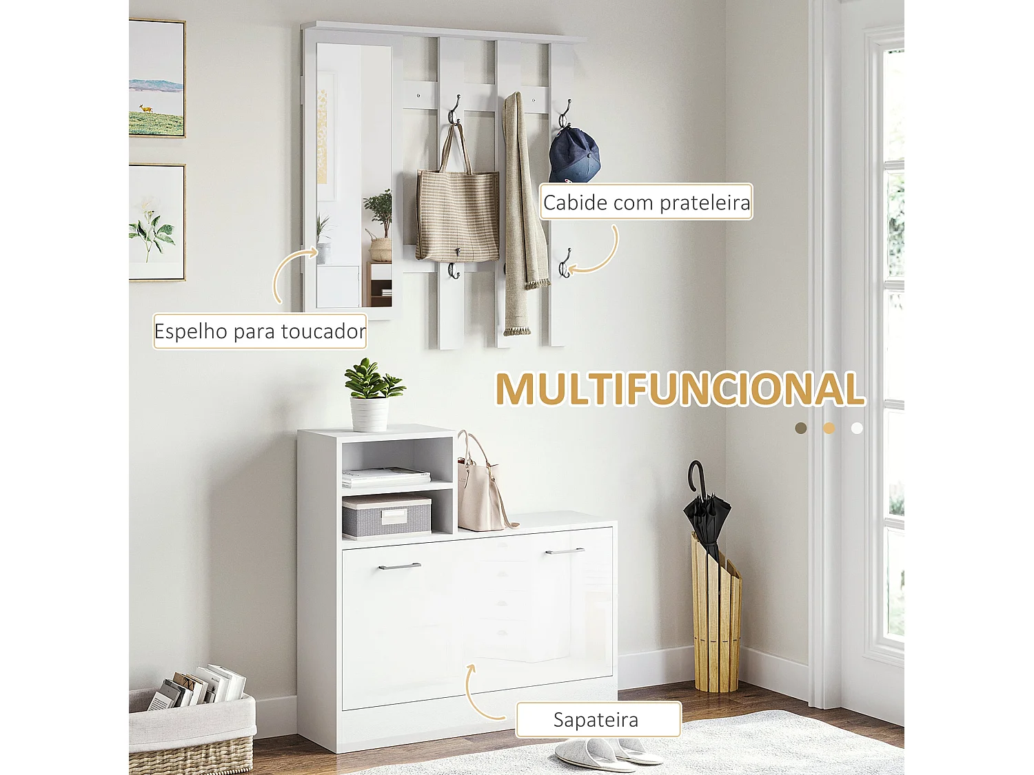 Recibidor Lauker Homcom espejo + 6 ganchos + zapatero blanco