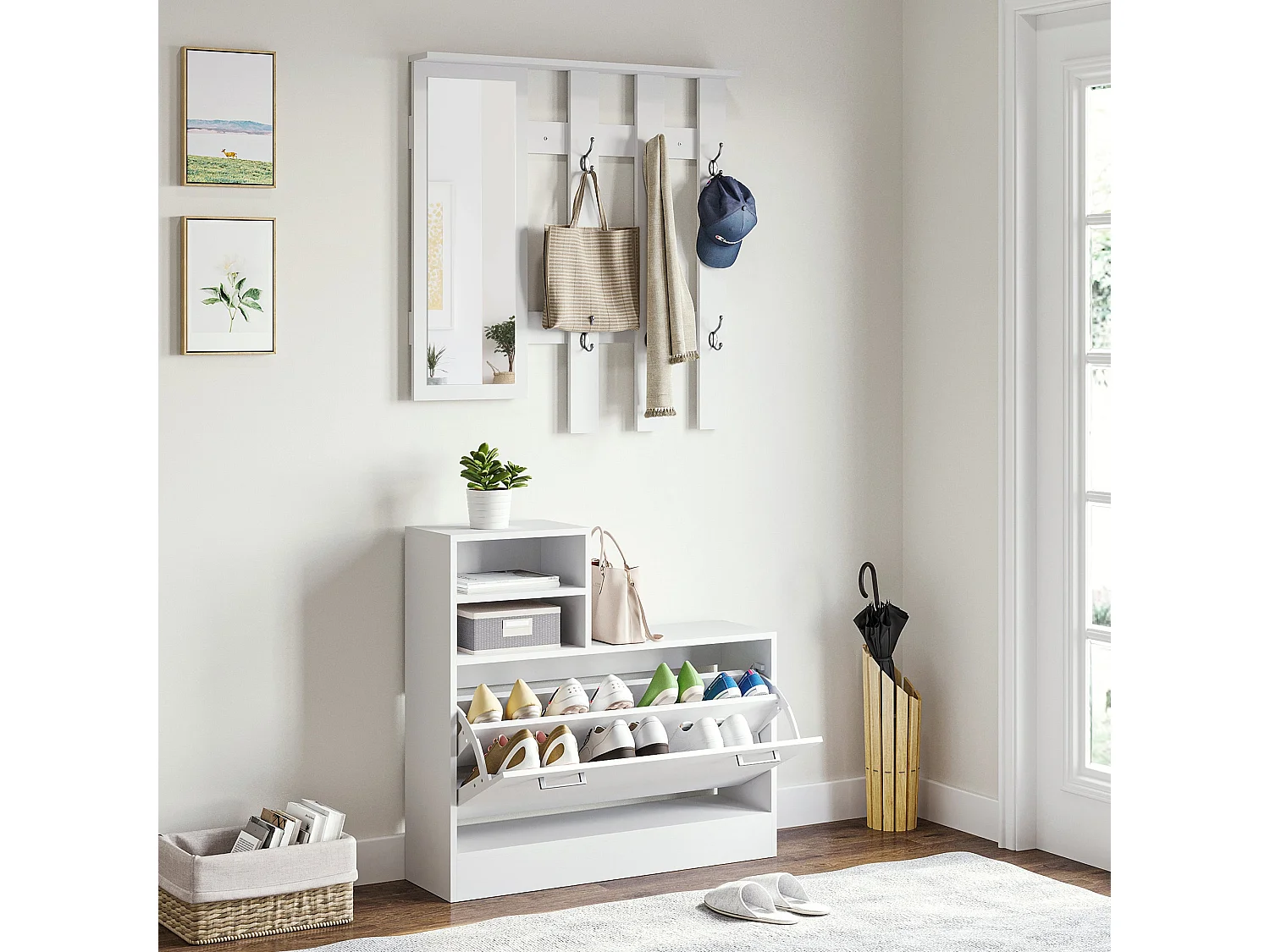 Recibidor Lauker Homcom espejo + 6 ganchos + zapatero blanco