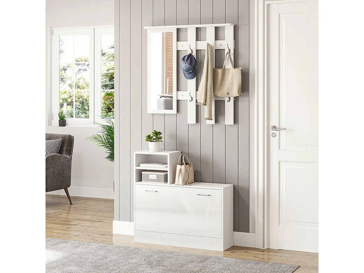 Recibidor Lauker Homcom espejo + 6 ganchos + zapatero blanco
