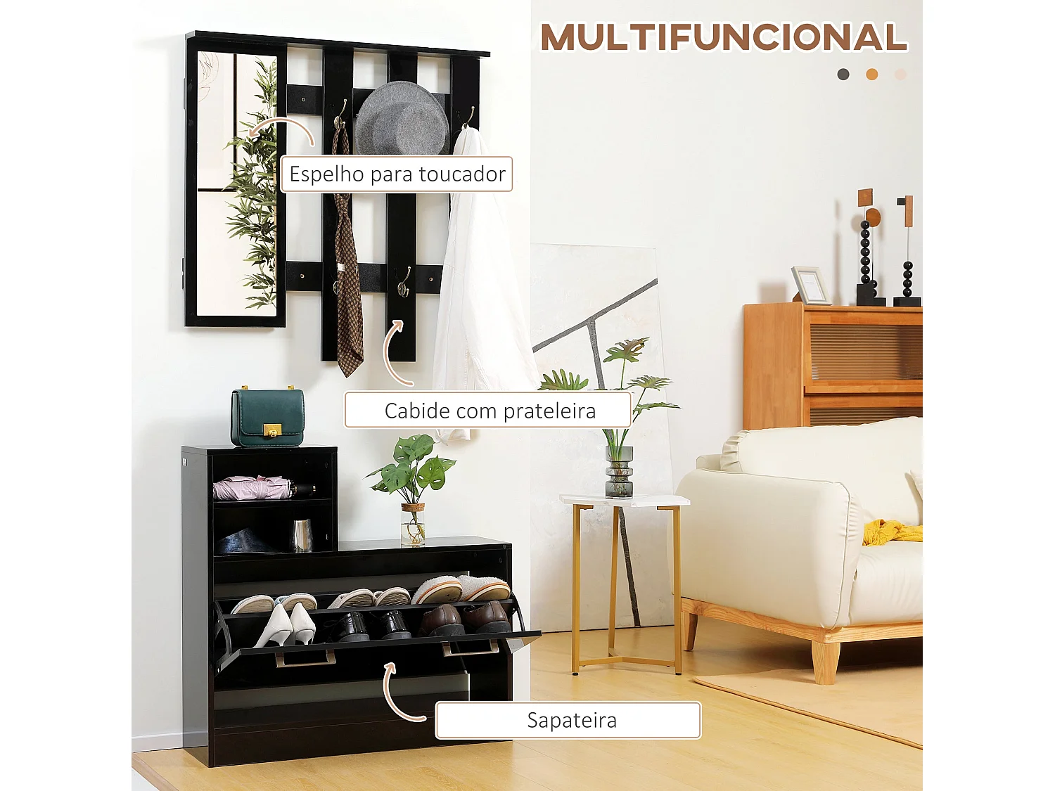 Móvel de Entrada HOMCOM com Espelho, Cabide e Sapateira para 8 Pares de Sapatos - Preto