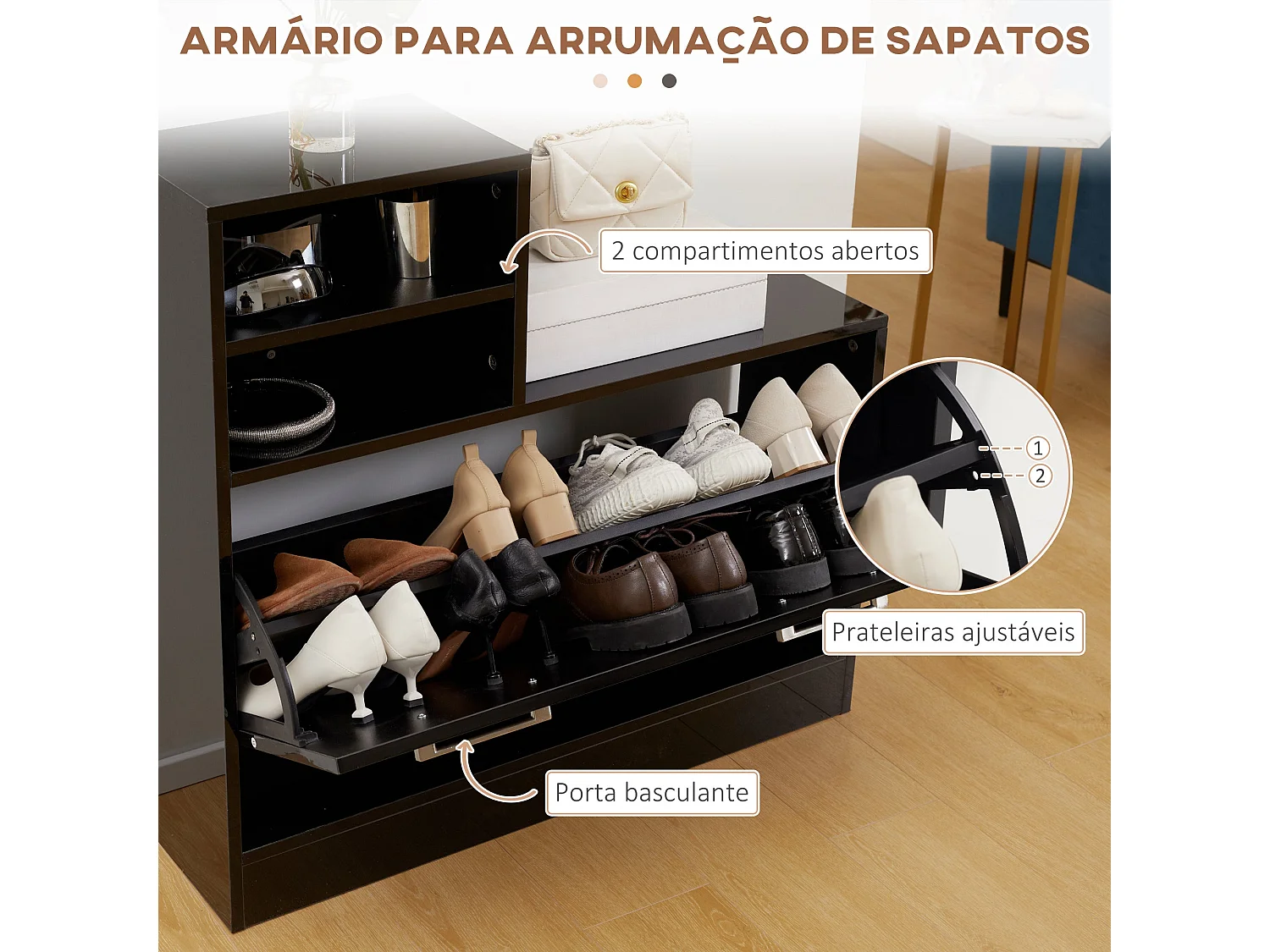 Móvel de Entrada HOMCOM com Espelho, Cabide e Sapateira para 8 Pares de Sapatos - Preto