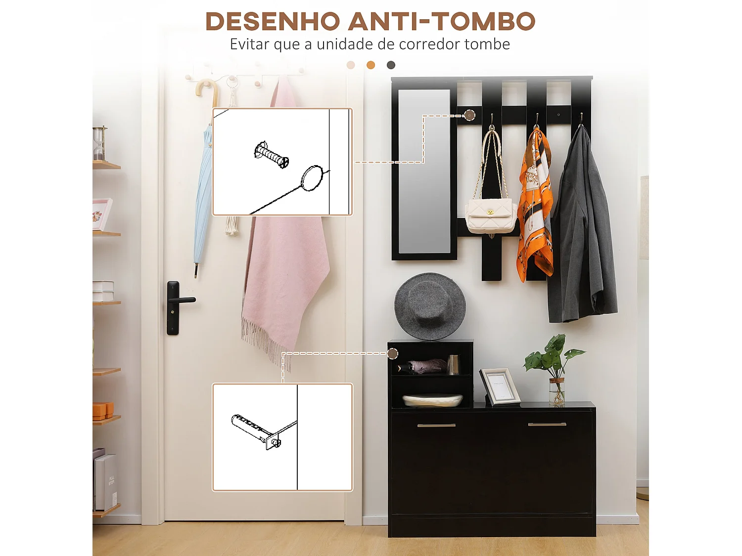 Móvel de Entrada HOMCOM com Espelho, Cabide e Sapateira para 8 Pares de Sapatos - Preto