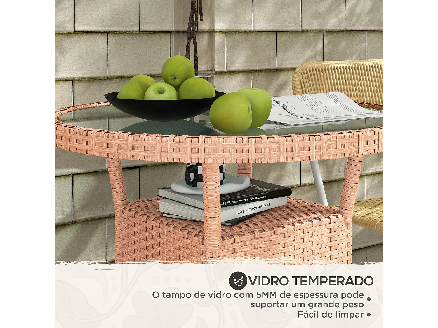 Mesa Redonda de Vime para Jardim 80cm com Vidro Temperado e Estrutura de Aço - Ideal para Terraços e Pátios