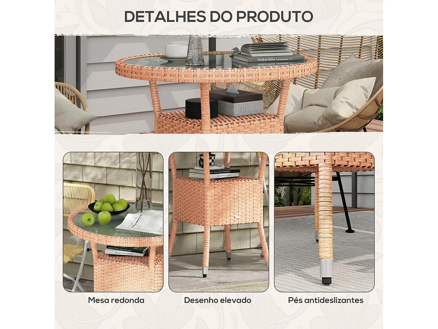 Mesa Redonda de Vime para Jardim 80cm com Vidro Temperado e Estrutura de Aço - Ideal para Terraços e Pátios