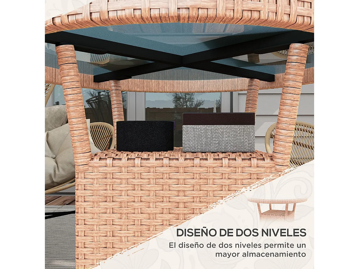 Mesa Redonda de Vime para Jardim 80cm com Vidro Temperado e Estrutura de Aço - Ideal para Terraços e Pátios