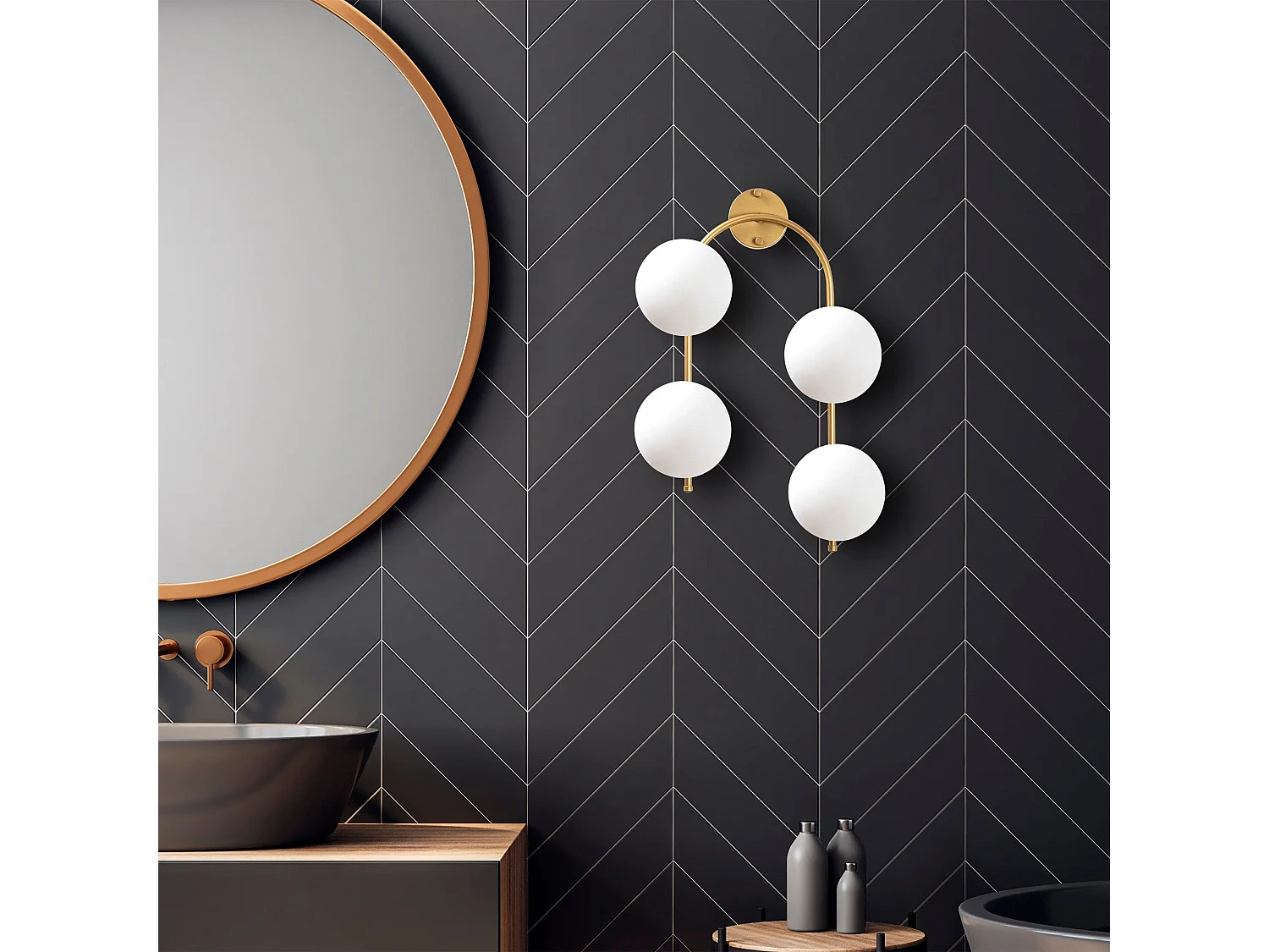 Applique murale 4 lampes sphériques crochet U asymétrique Bulla 40x62cm Verre Blanc et Métal Or