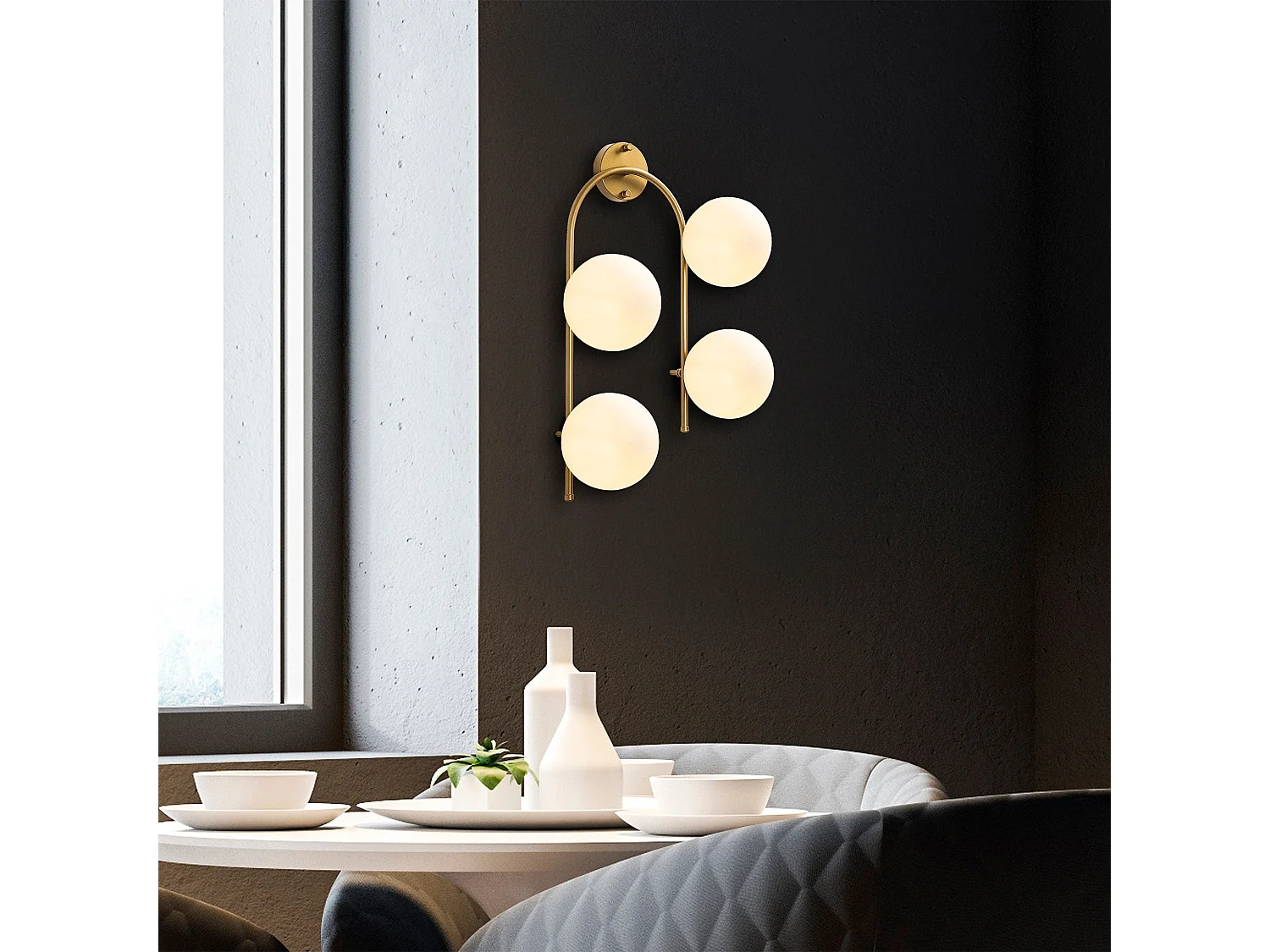 Applique murale 4 lampes sphériques crochet U asymétrique Bulla 40x62cm Verre Blanc et Métal Or