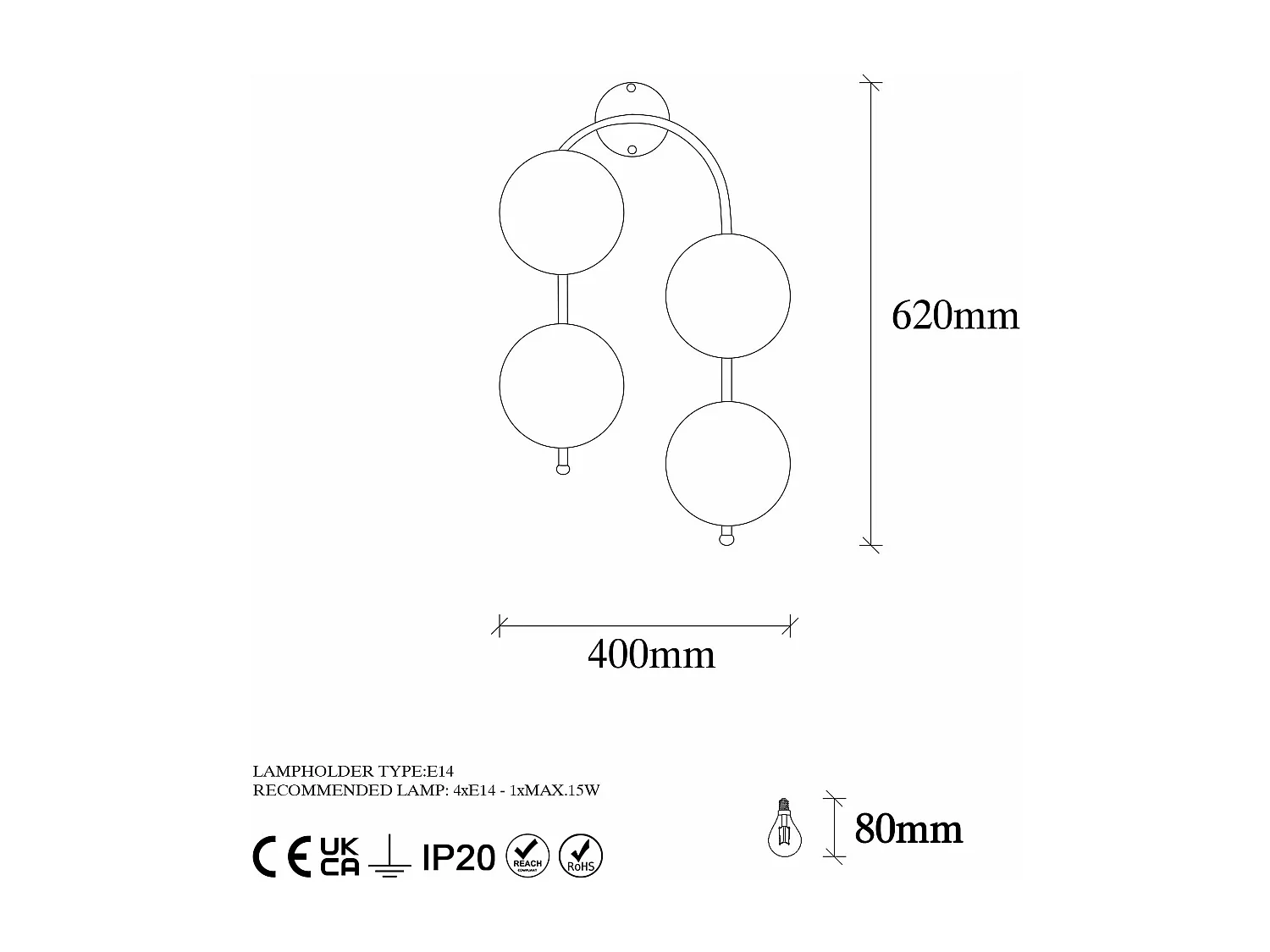 Applique murale 4 lampes sphériques crochet U asymétrique Bulla 40x62cm Verre Blanc et Métal Or