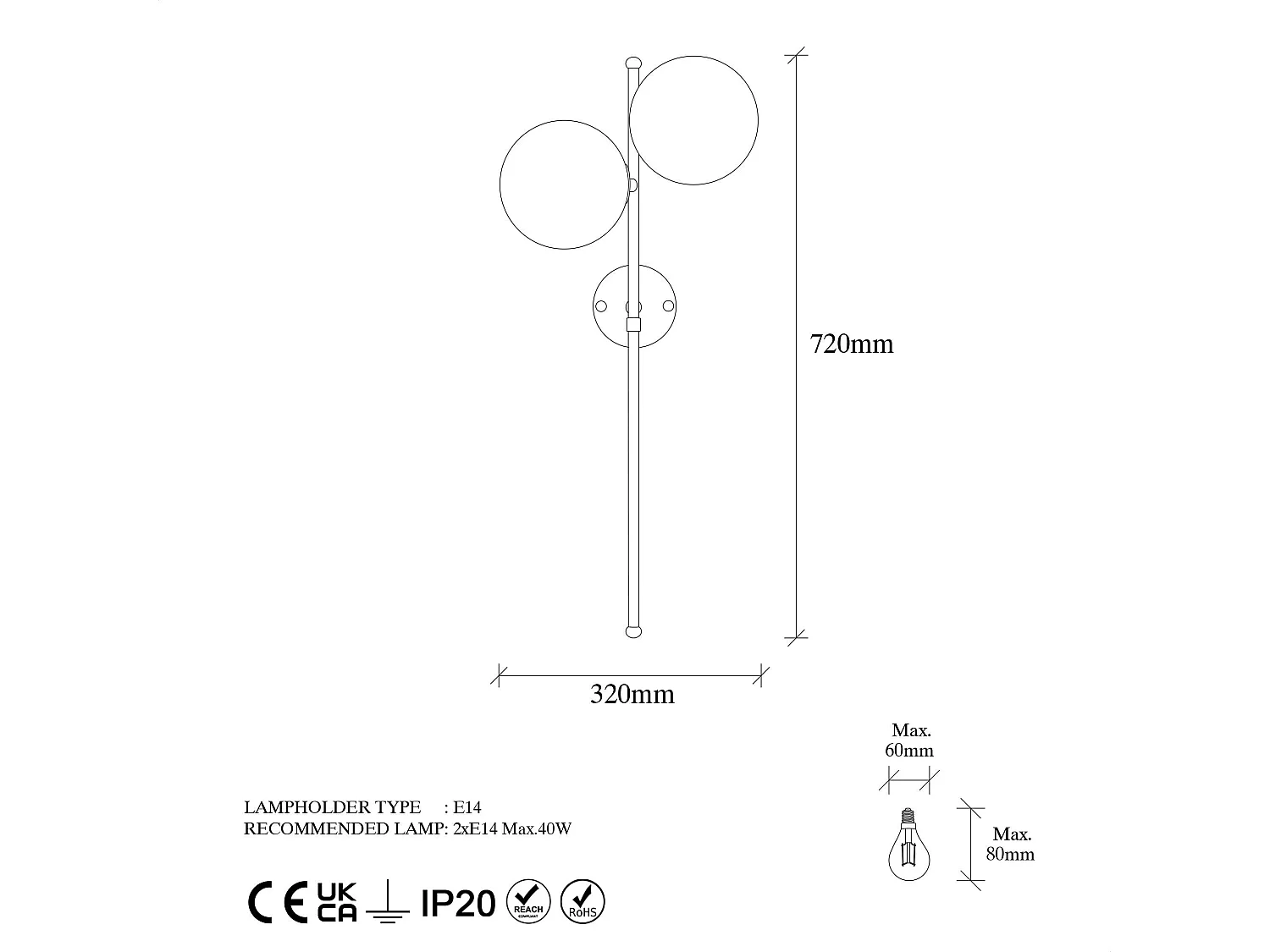 Applique murale 2 lampes Suizy H72cm Métal Or et Verre Transparent