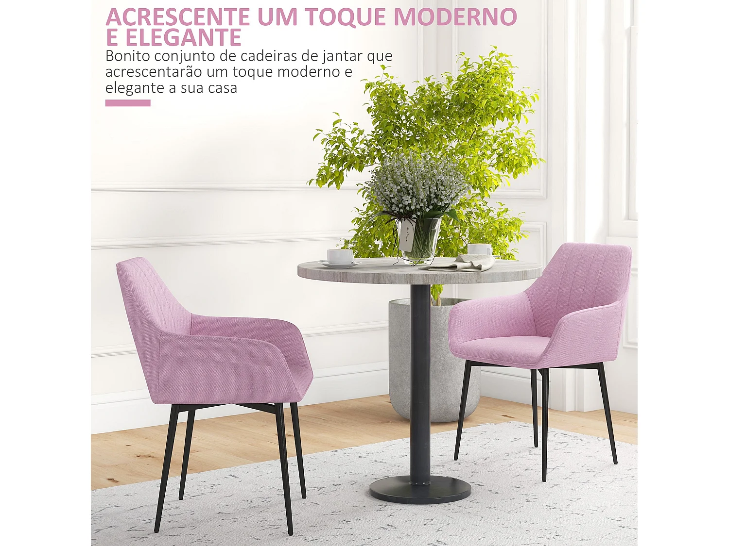 Conjunto Elegante de 2 Cadeiras Estofadas em Linho Rosa com Braços e Pés de Metal