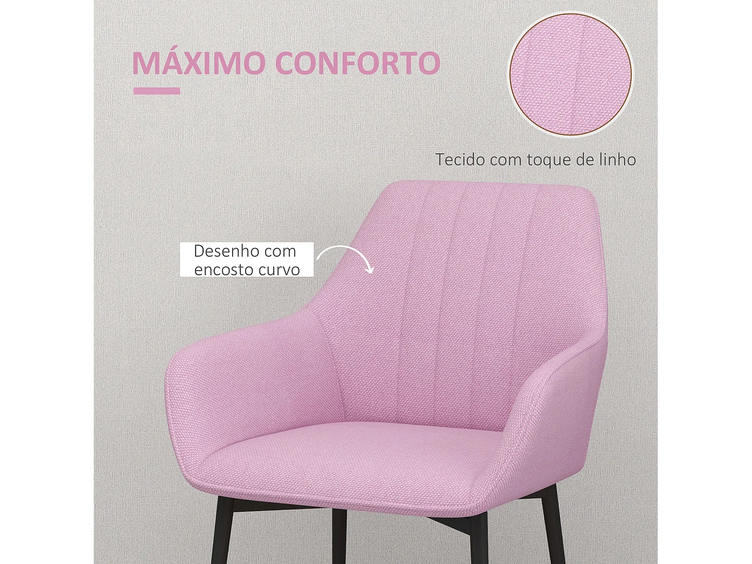 Conjunto Elegante de 2 Cadeiras Estofadas em Linho Rosa com Braços e Pés de Metal