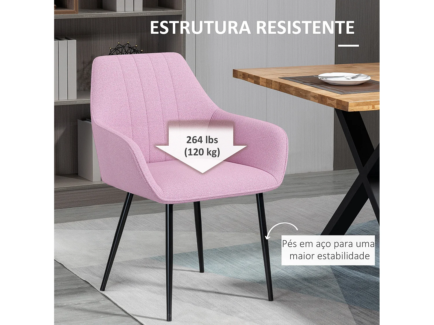 Conjunto Elegante de 2 Cadeiras Estofadas em Linho Rosa com Braços e Pés de Metal