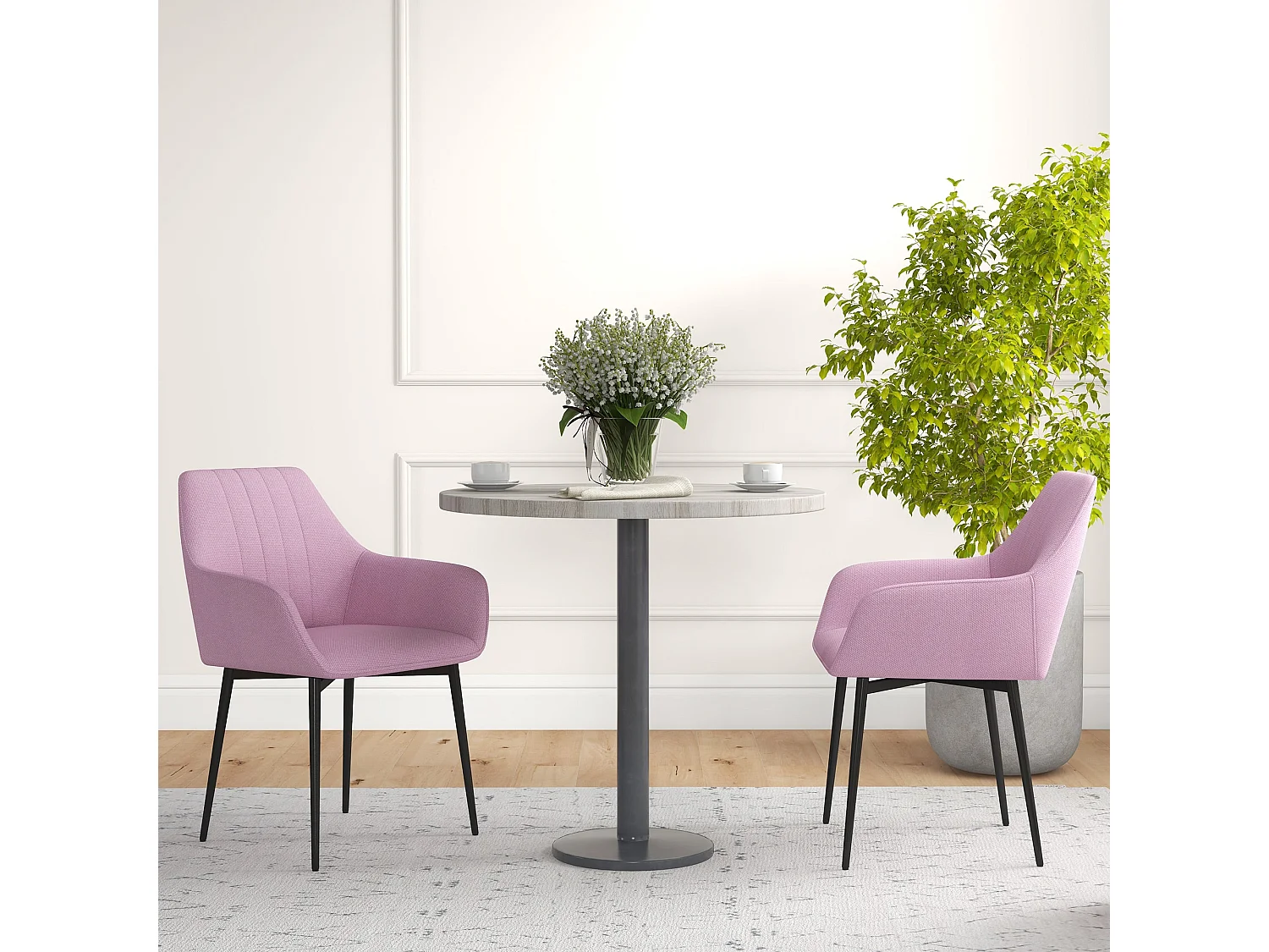 Conjunto Elegante de 2 Cadeiras Estofadas em Linho Rosa com Braços e Pés de Metal