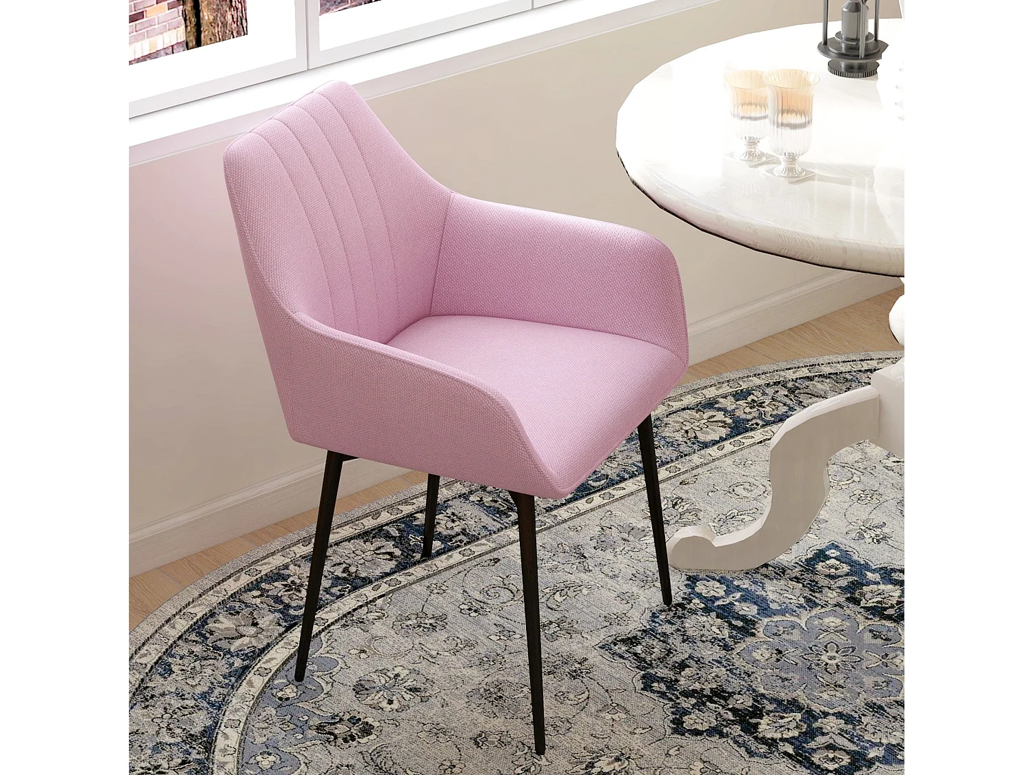 Conjunto Elegante de 2 Cadeiras Estofadas em Linho Rosa com Braços e Pés de Metal