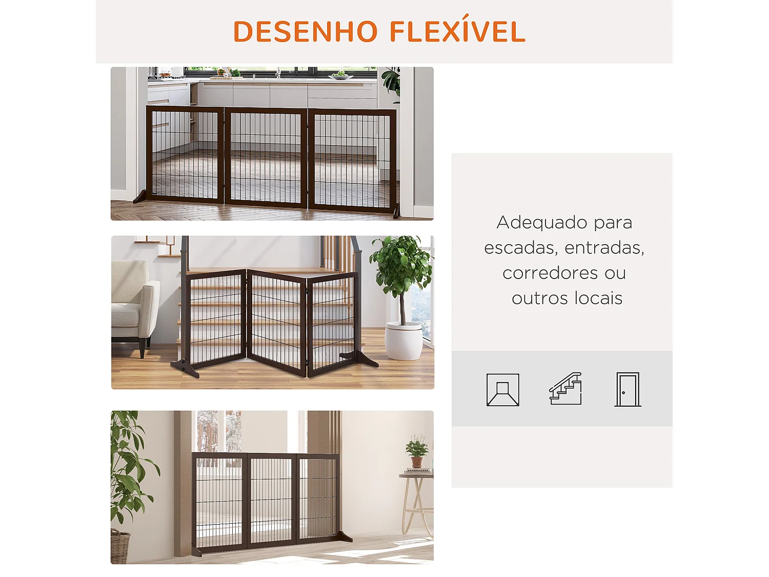 Barreira de Segurança para Cães PawHut - Estrutura de Madeira com 3 Painéis Ajustáveis para Corredores e Escadas