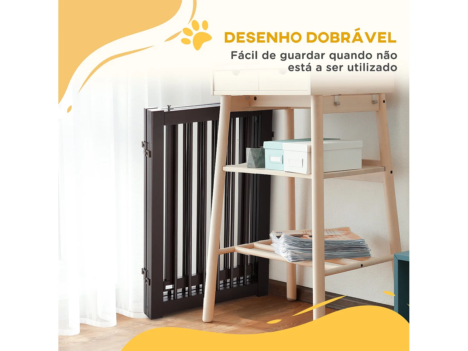 Barreira para Cães PawHut de Madeira Dobrável com Porta e Pés de Apoio para Escadas e Corredores