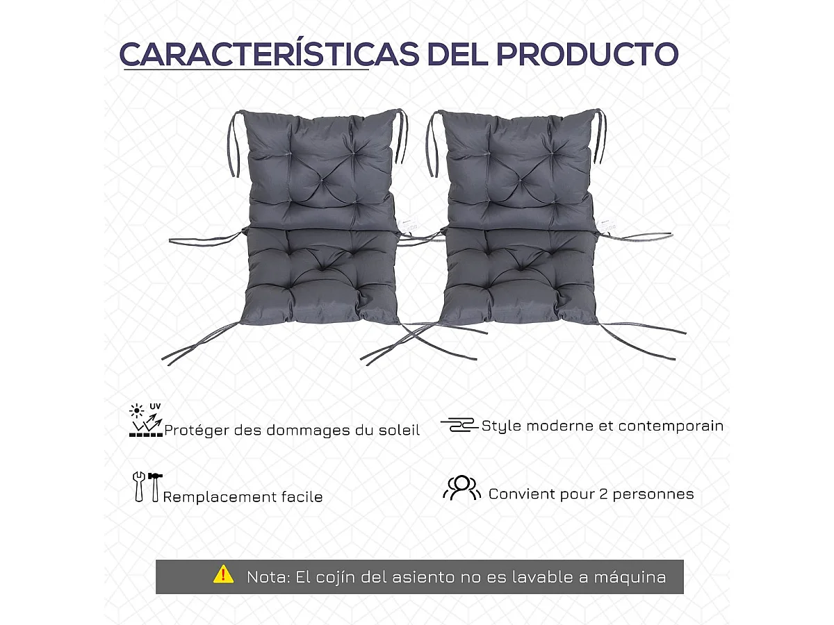 Pack de 2 cojines para silla Outsunny con cordones gris 8x50x98 cm