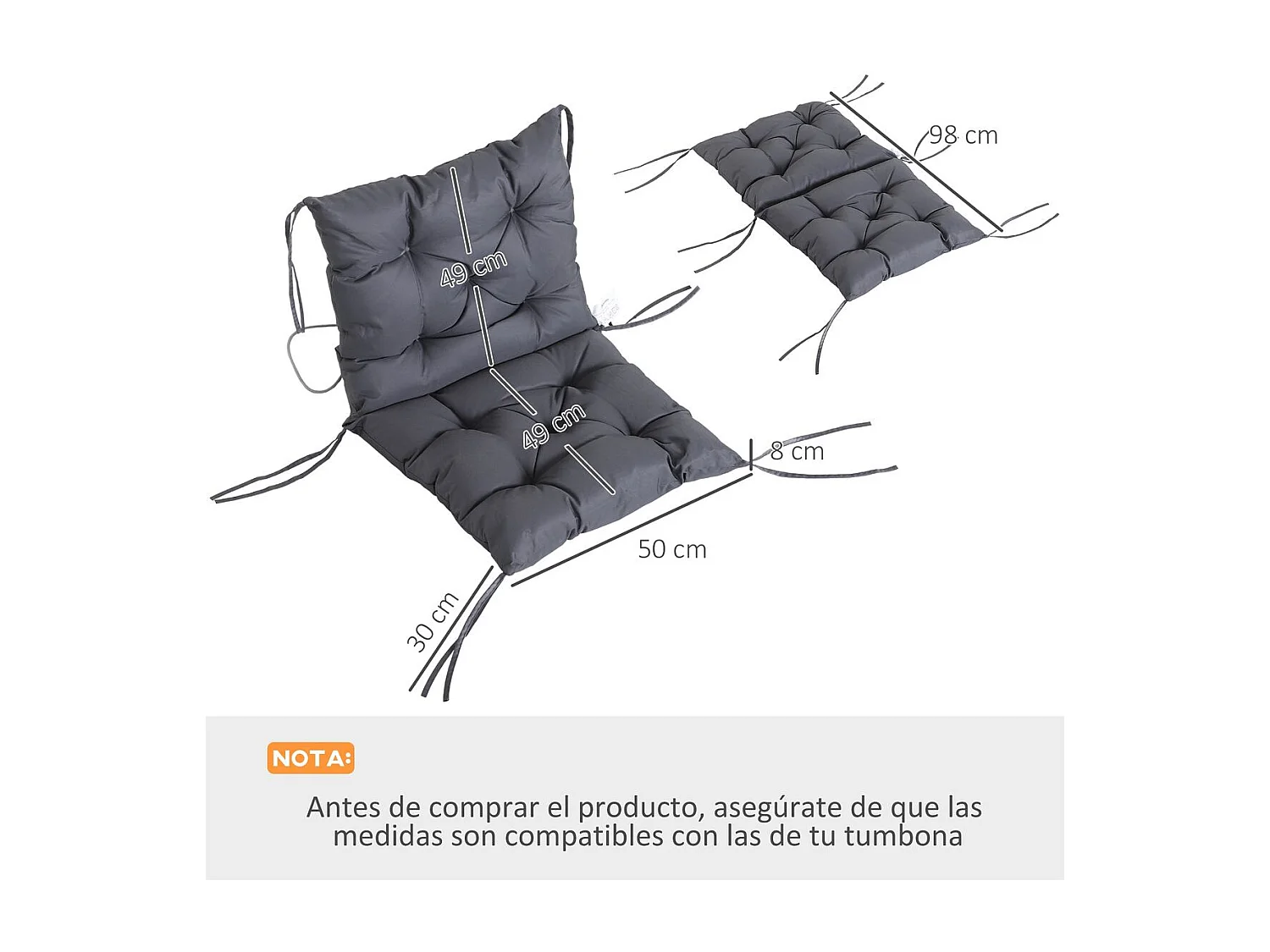 Pack de 2 cojines para silla Outsunny con cordones gris 8x50x98 cm
