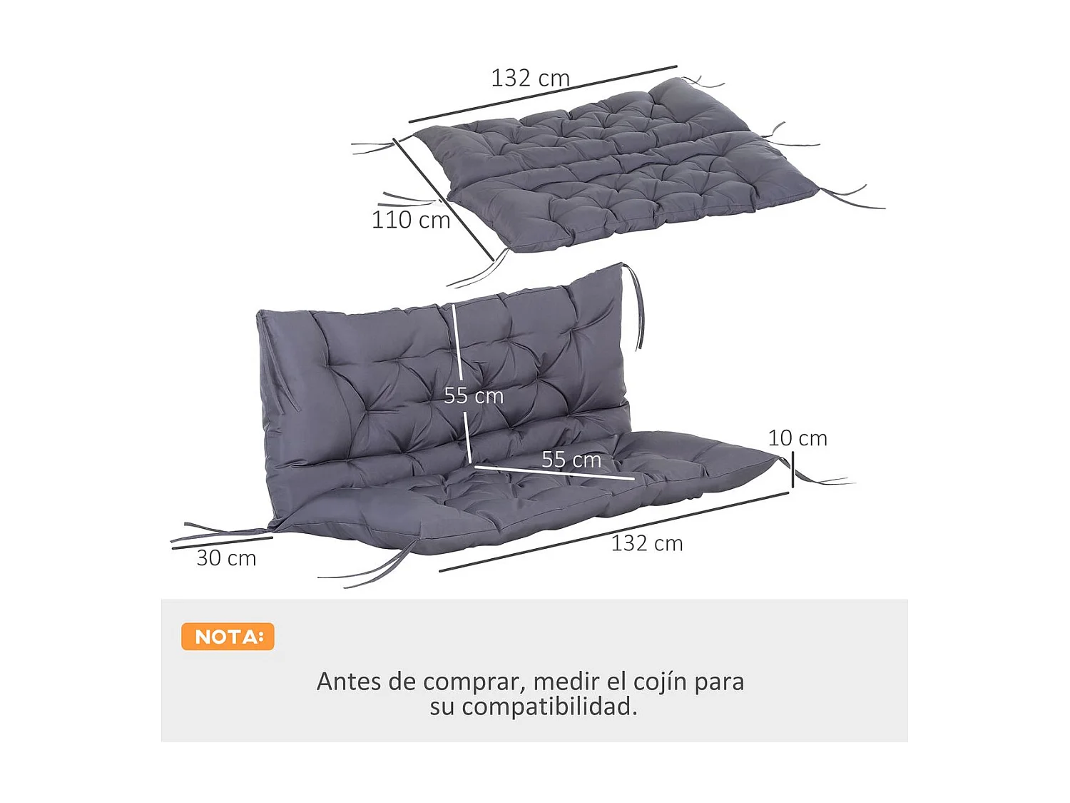 Almofada para Banco de Jardim Outsunny 120x110cm Confortável e Elegante com Cordões de Fixação