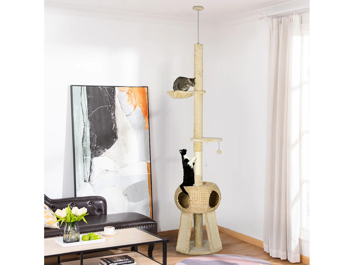 Arranhador para Gatos PawHut do Chão ao Teto com Altura Ajustável e Atrações Diversas