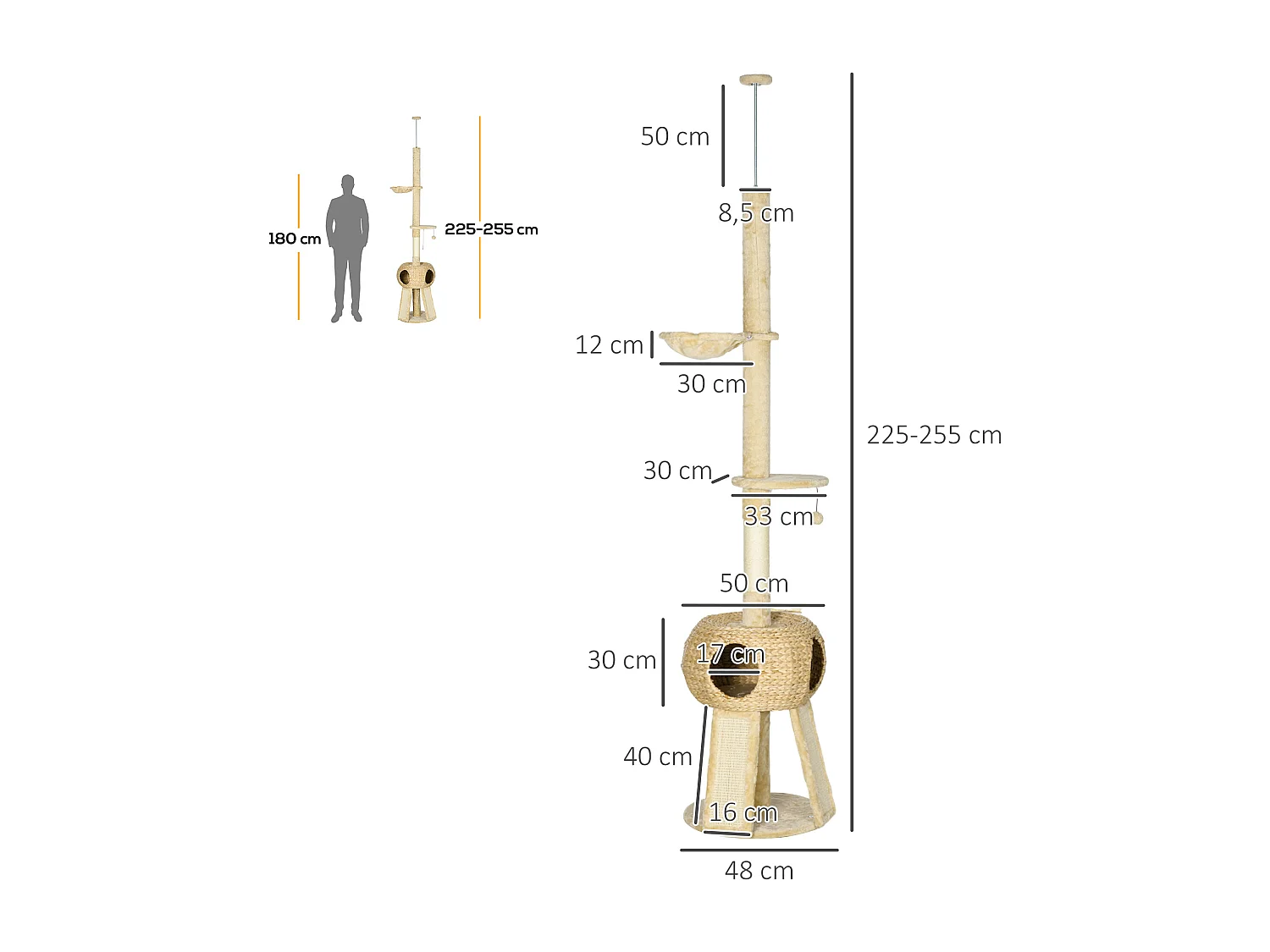 Arranhador para Gatos PawHut do Chão ao Teto com Altura Ajustável e Atrações Diversas