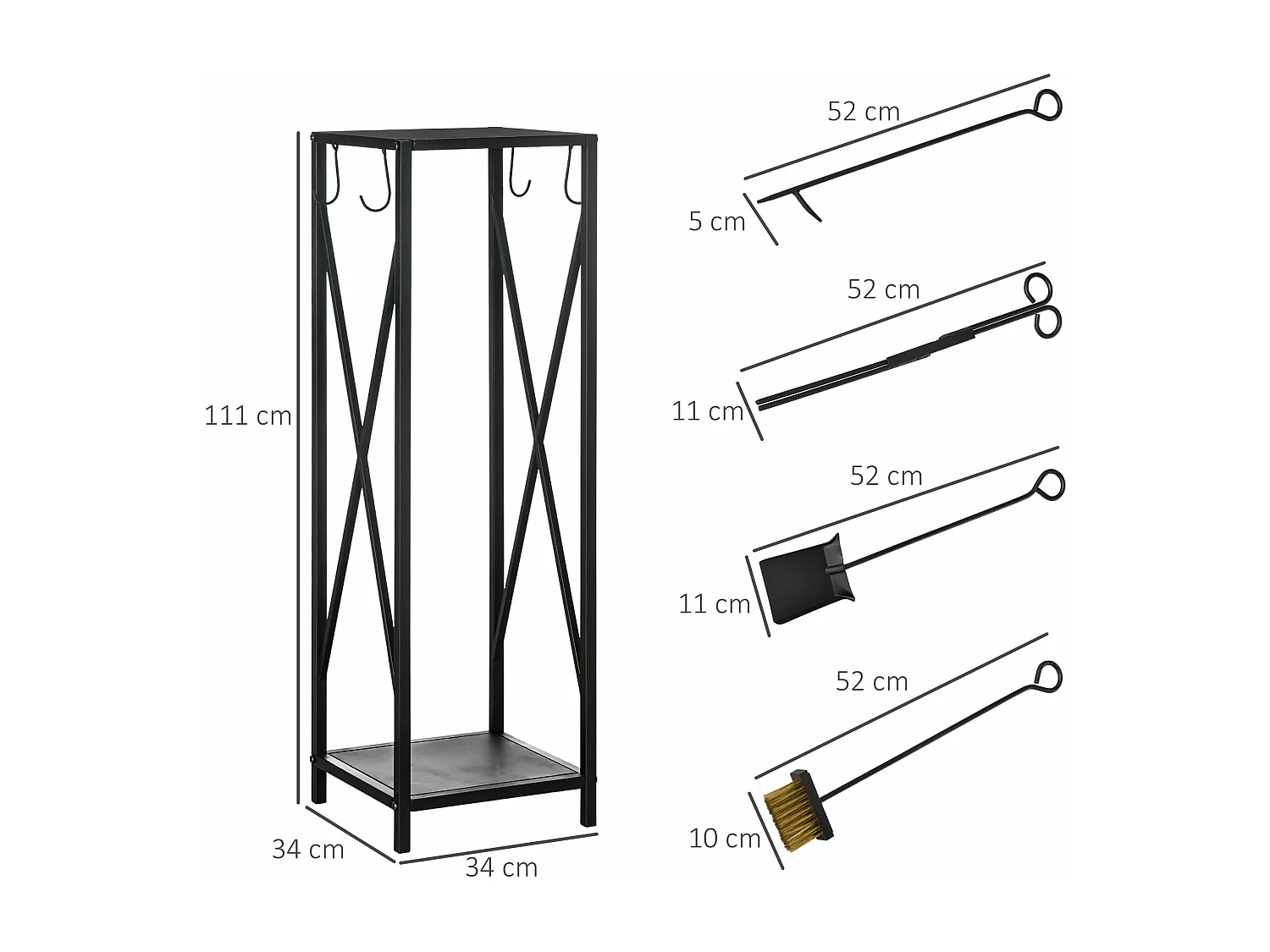Suporte para Lenha em Metal – 34x34x111 cm | Com Ganchos e Ferramentas para Lareira