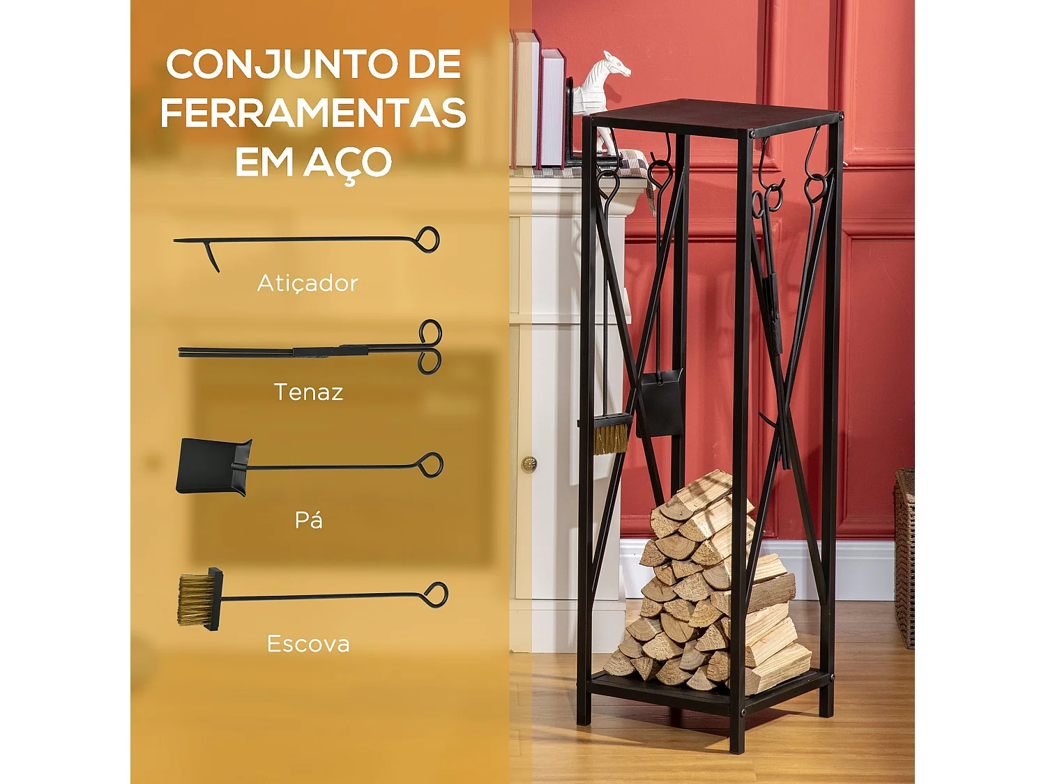 Suporte para Lenha em Metal – 34x34x111 cm | Com Ganchos e Ferramentas para Lareira
