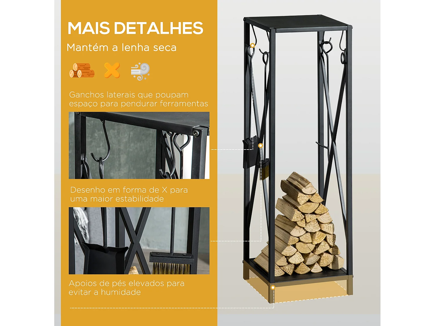 Suporte para Lenha em Metal – 34x34x111 cm | Com Ganchos e Ferramentas para Lareira