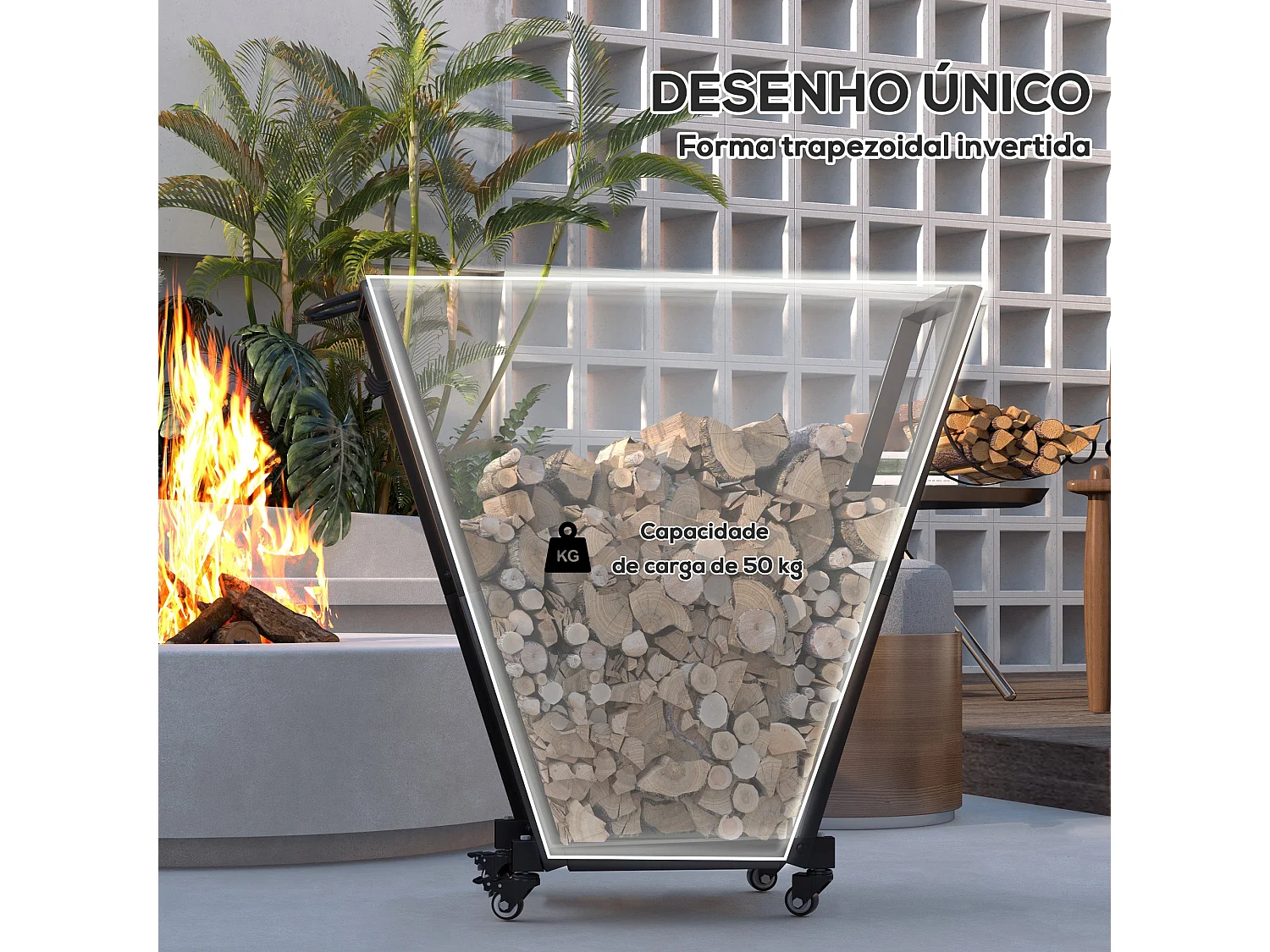 Suporte de Metal para Lenha com Rodas - Design Moderno e Prático para Armazenamento de Lenha