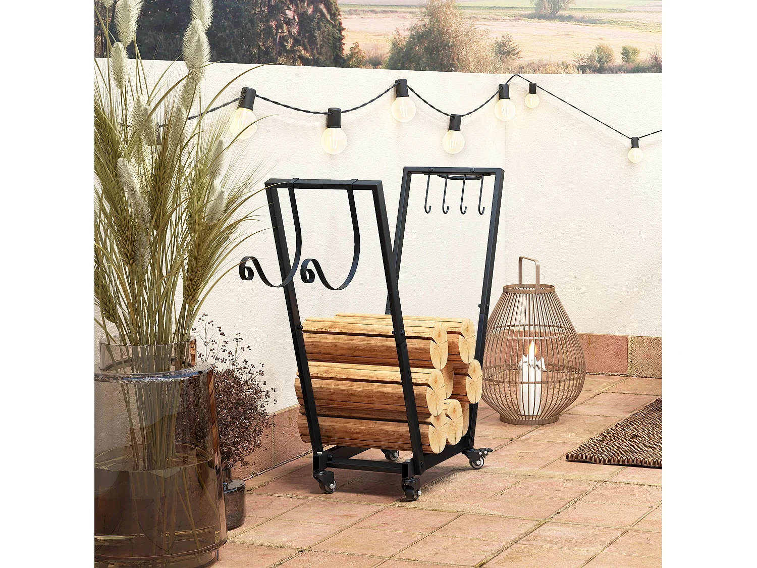 Suporte de Metal para Lenha com Rodas - Design Moderno e Prático para Armazenamento de Lenha