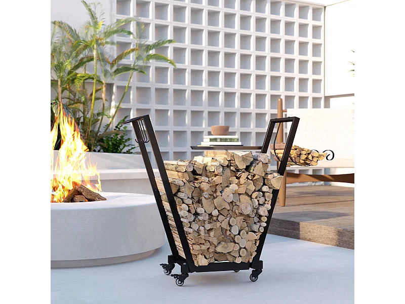 Suporte de Metal para Lenha com Rodas - Design Moderno e Prático para Armazenamento de Lenha