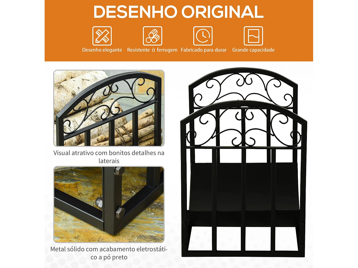 Suporte para Lenha em Metal com Design Curvo – Capacidade para 60 kg e Dimensões 60,5x36x46,5 cm