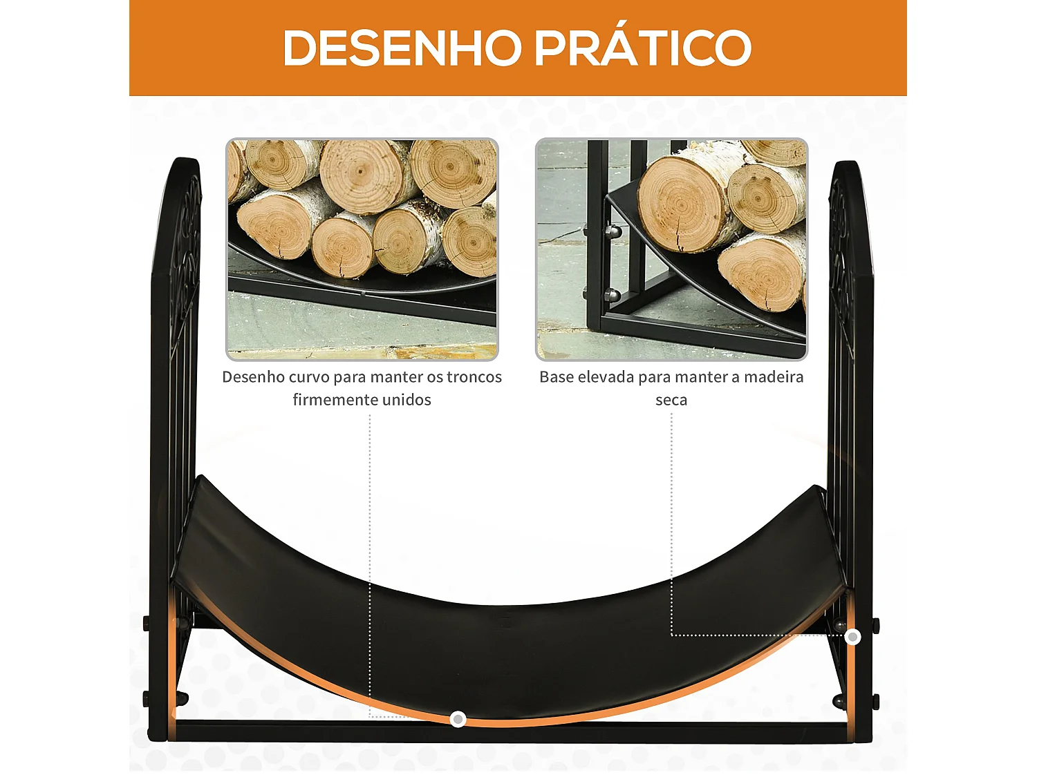 Suporte para Lenha em Metal com Design Curvo – Capacidade para 60 kg e Dimensões 60,5x36x46,5 cm