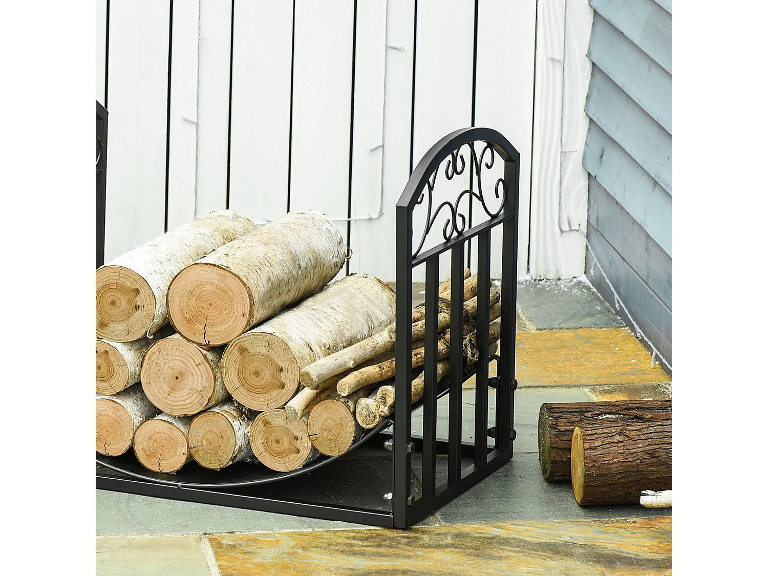 Suporte para Lenha em Metal com Design Curvo – Capacidade para 60 kg e Dimensões 60,5x36x46,5 cm