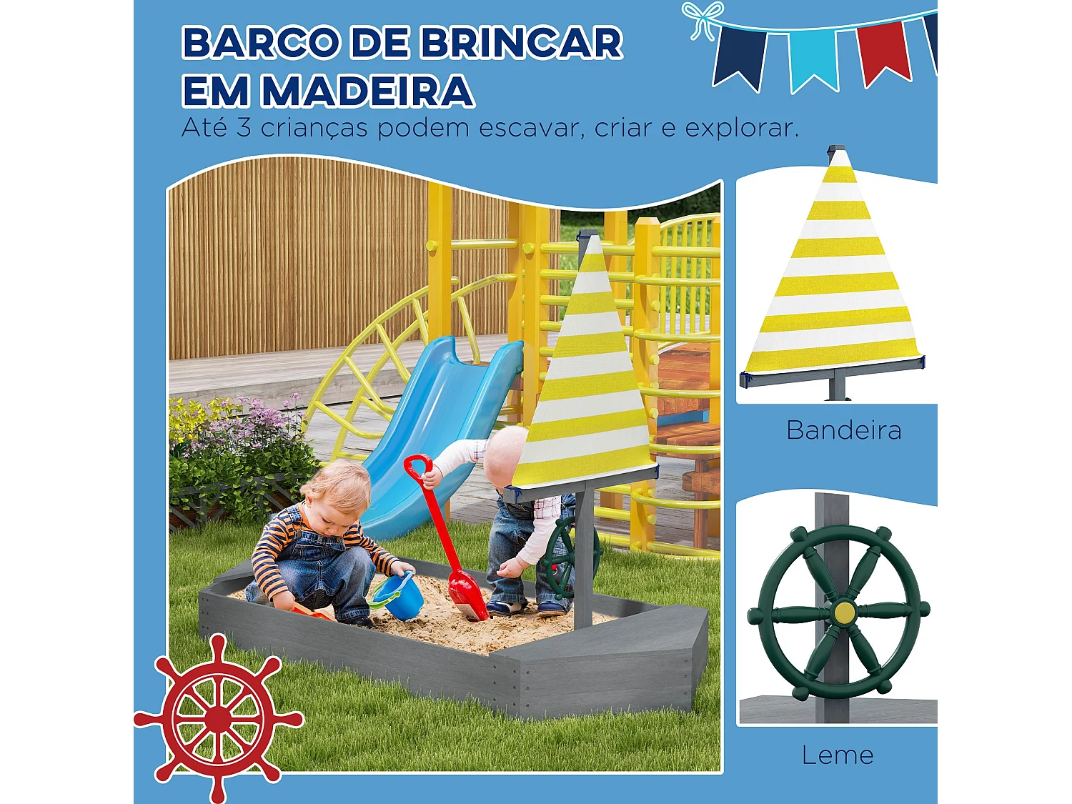 Caixa de Areia Infantil em Forma de Veleiro - Outsunny 190x90x138 cm Cinza Escuro